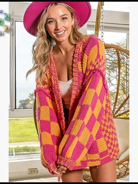 Vintage Plaid Cardigan Sweater Chunky Knit Oversized Boyfriend Style Open Front - Picture 5 of 7